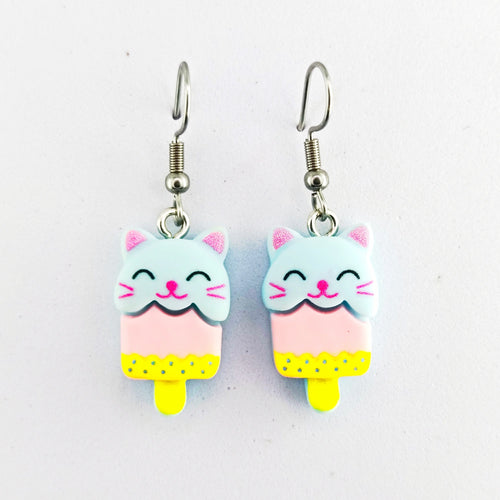 boucles d’oreilles chat kawaii glace bleu et jaune pour enfant en acier inoxydable