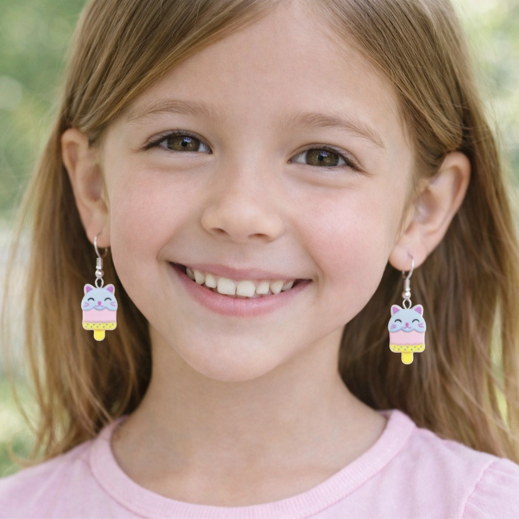 boucles d’oreilles chat kawaii bleu et jaune portées par une enfant bijou mignon et coloré