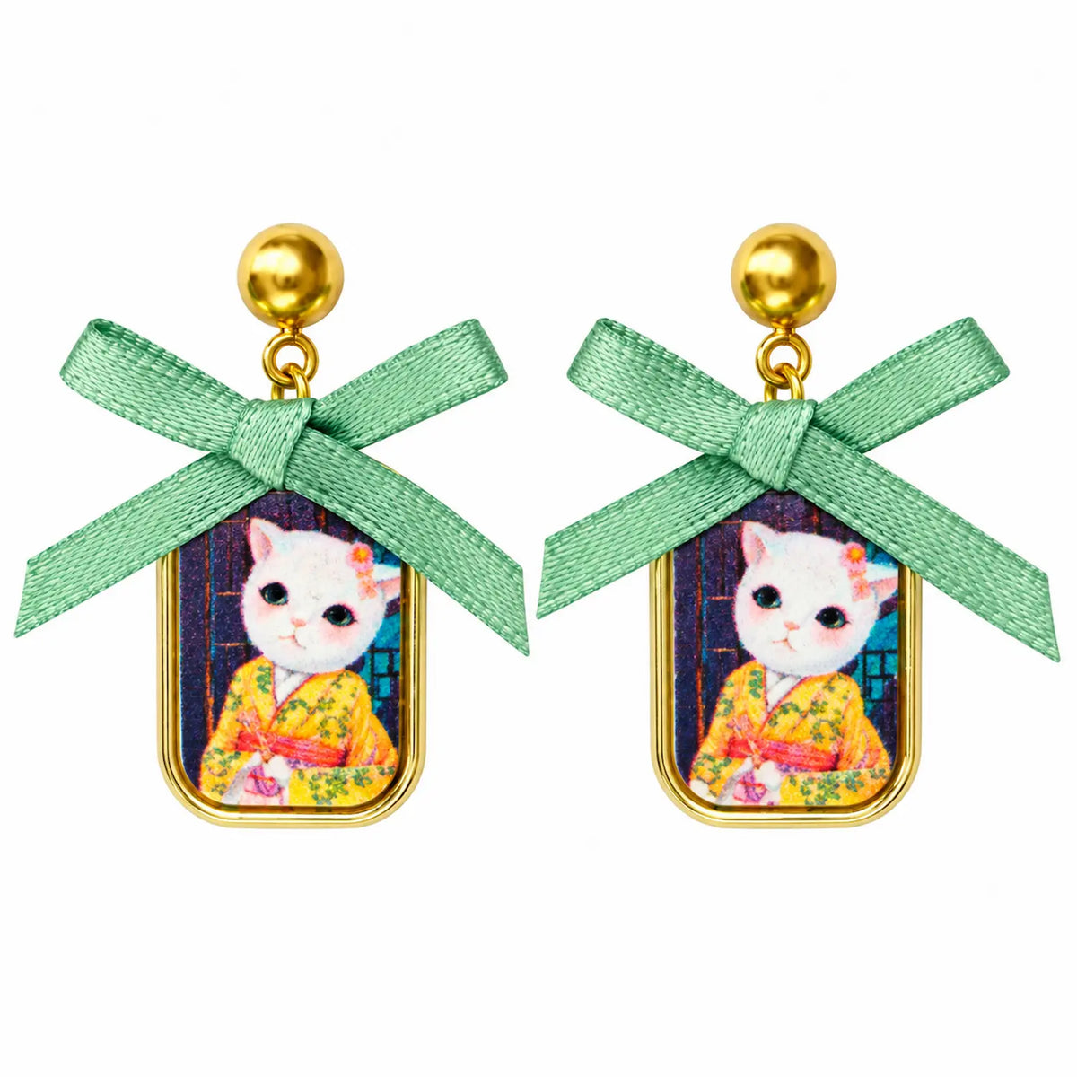 Boucles d’oreilles chat kawaii Akiko Matcha en kimono, vue packshot