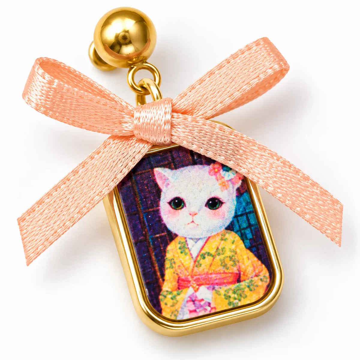 Détail d’une boucle d’oreille Akiko Sakura et de son ruban rose
