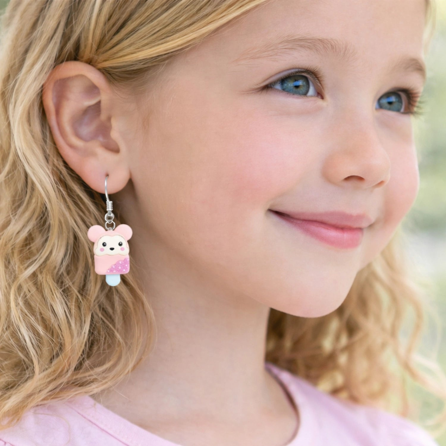 boucles d’oreilles enfant souris kawaii rose style mignon sur oreille enfant