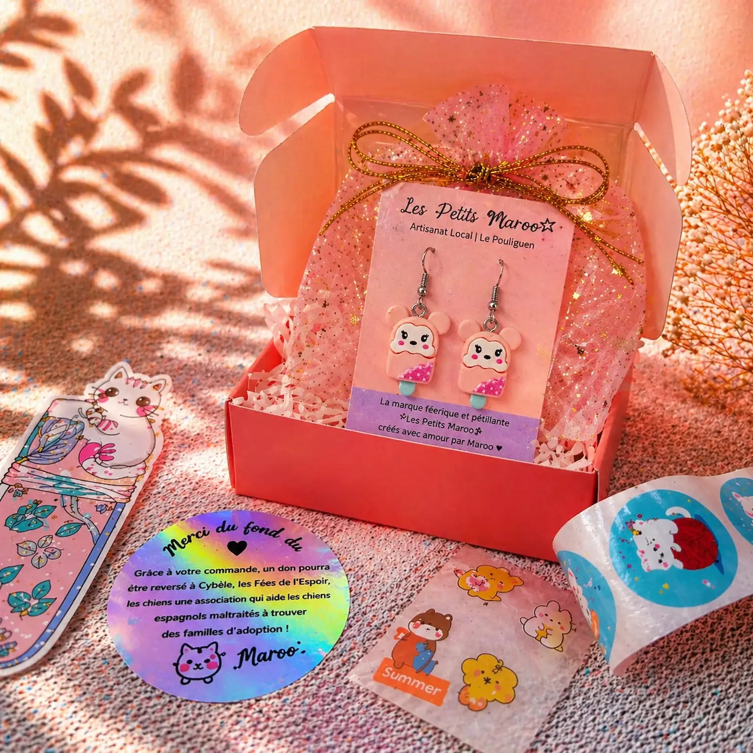 boucles d’oreilles souris kawaii dans boîte cadeau avec pochon Les Petits Maroo