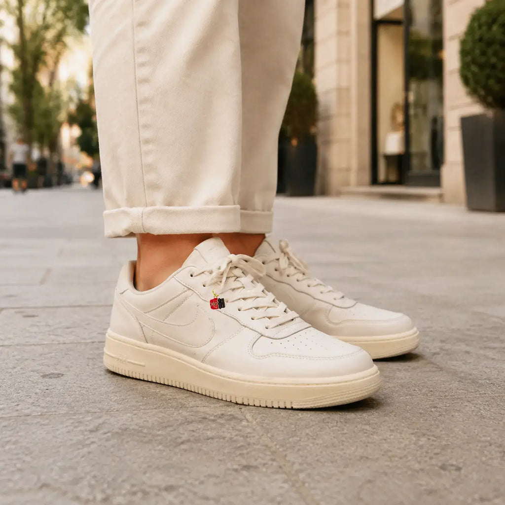 Charm chocolat Marlow porté sur les lacets d’une sneaker