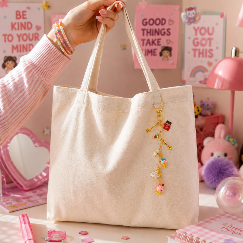 charm glace kawaii transformé en bijou de sac sur un tote bag
