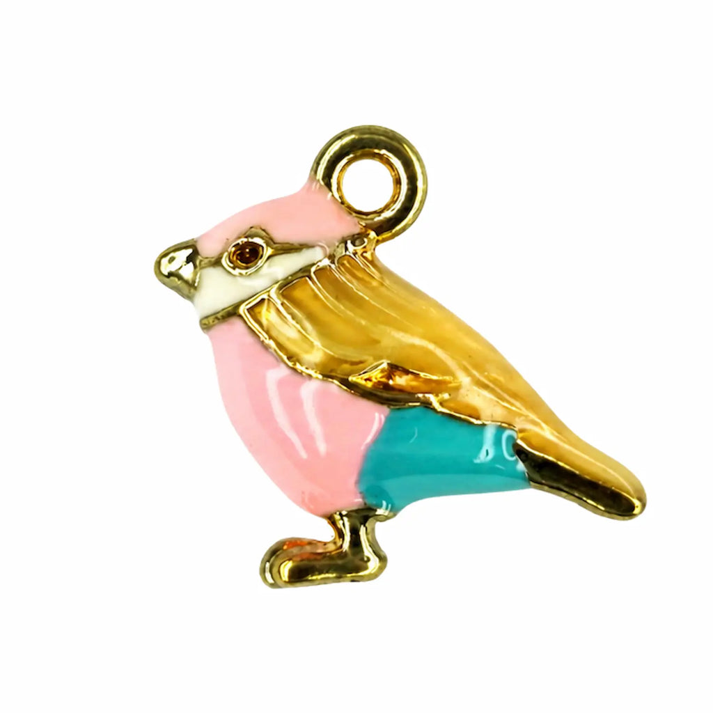 Vue de profil du charm oiseau rose turquoise et doré