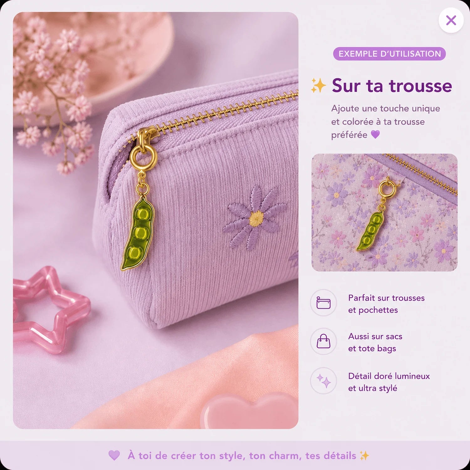 option charm  attache dorée homard vue sur trousse
