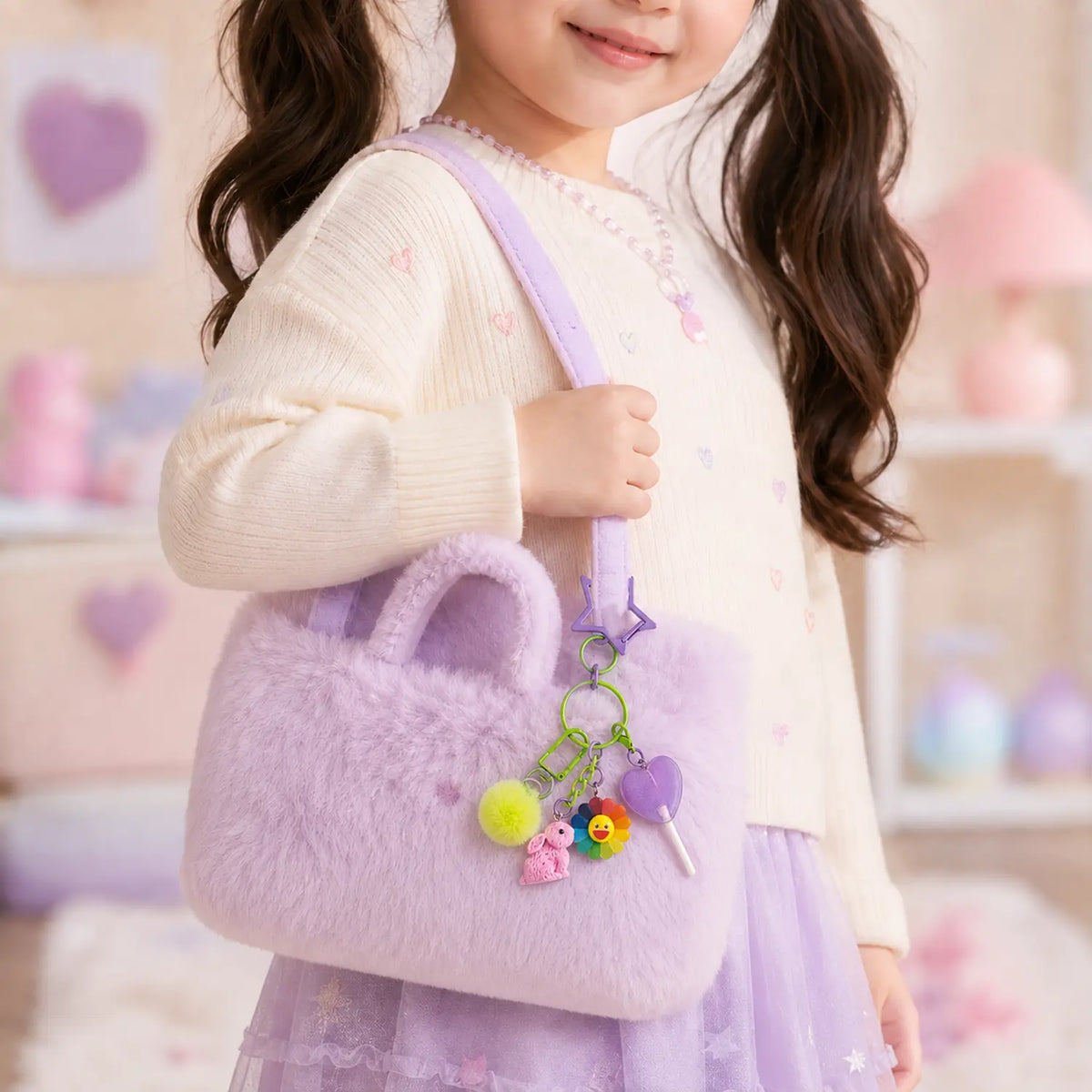 porte-clé kawaii enfant Bunny Pop accroché à un sac avec ses quatre breloques colorées