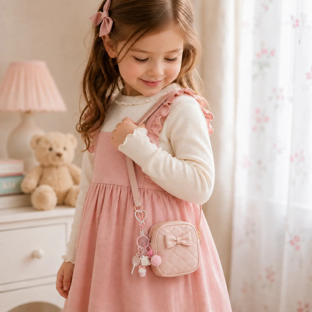 Bijou de sac enfant Cupcake nuage porté sur un petit sac rose par une fille