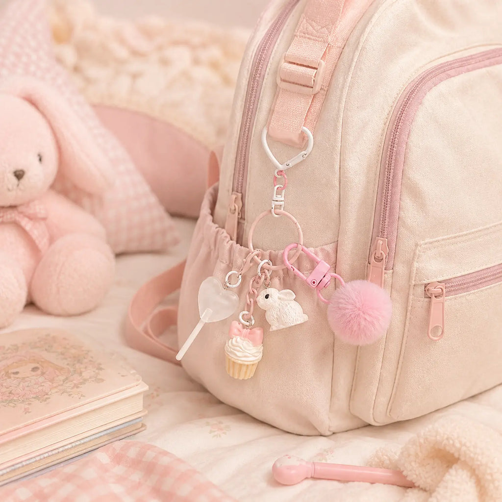 Porte-clé kawaii Cupcake nuage accroché à un sac à dos rose poudré
