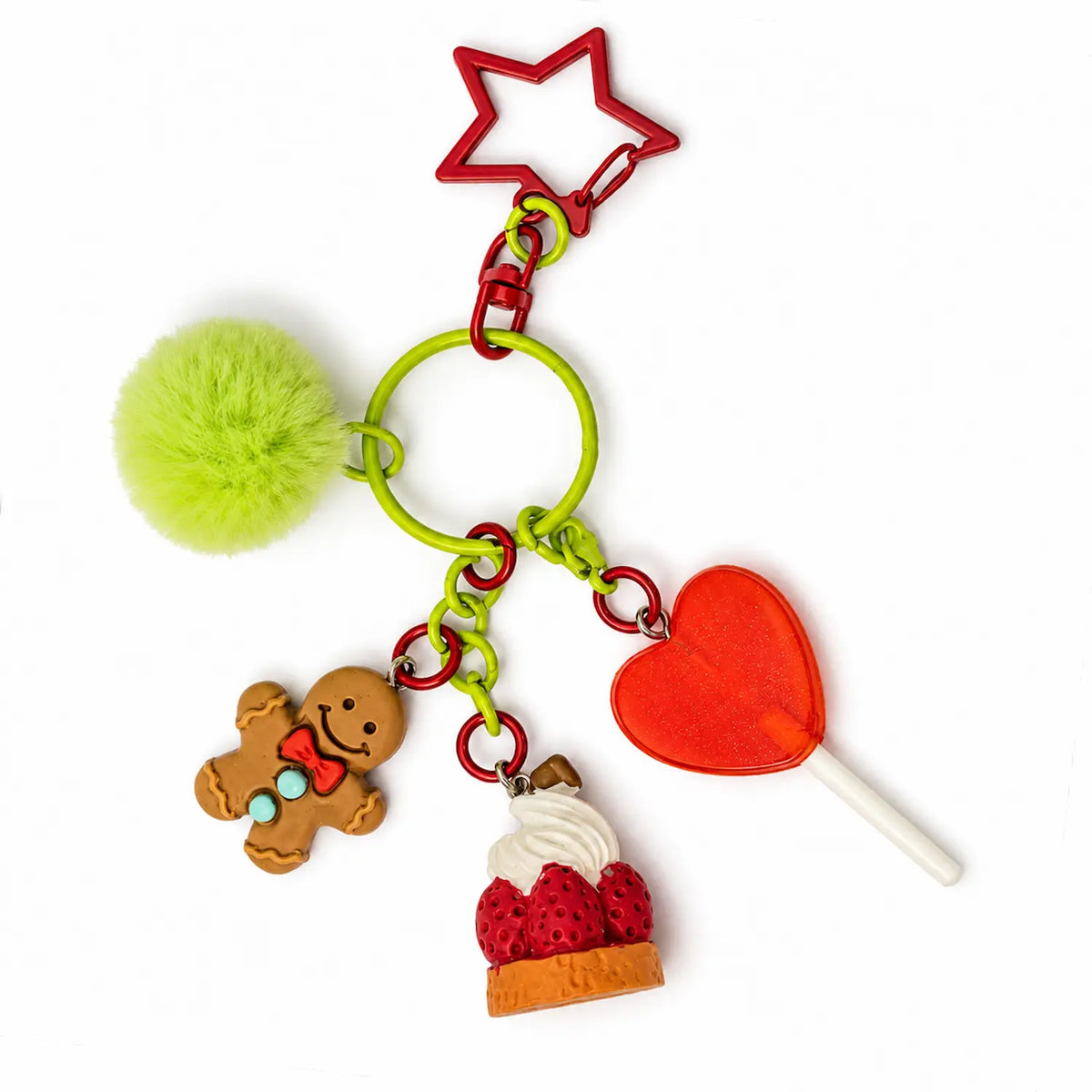 Porte-clé kawaii enfant Goûter pain d’épices avec quatre breloques amovibles sur fond blanc