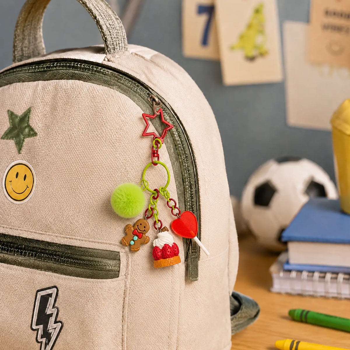 Porte-clé kawaii Goûter pain d’épices accroché à un sac à dos dans une ambiance école